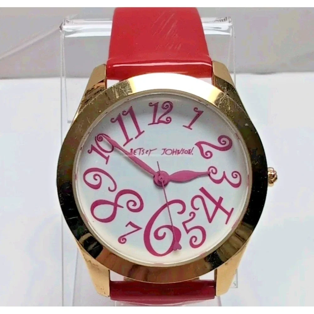 Betsey Johnson Watch Gold Case Pink Swirl Numbers Patent Strap Box BJ2140